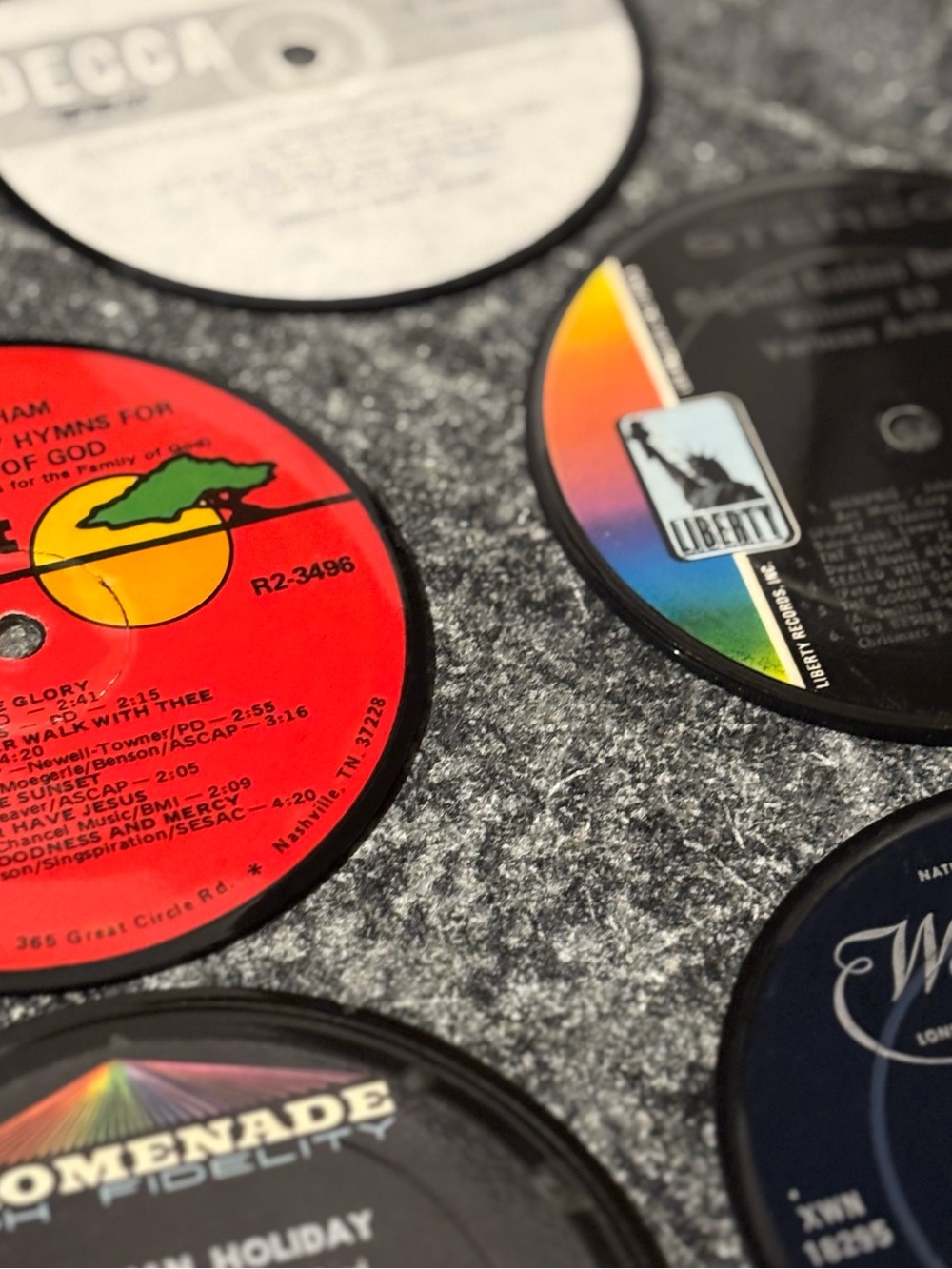 Vintage Record Wall Art Display – Red, Black, Rainbow Labels set of 5